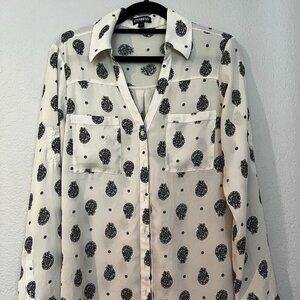 Express Top White w Black Print Portofino Sheer Button‎ Long Sleeve Career Sz SP